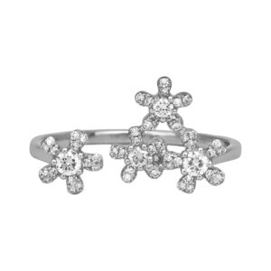 New 14k white gold flower cluster ring set with 0.25 carats of round brilliant earth-mined diamonds.