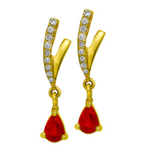 New 14k yellow gold earrings set with 0.40 carats of pear rubies plus 0.10 carats of round brilliant earth-mined diamonds.