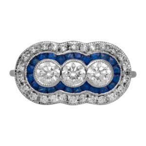 New 14k white gold ring set with 0.78 carats of round brilliant earth-mined diamonds plus 0.88 carats of princess cut blue sapphires.