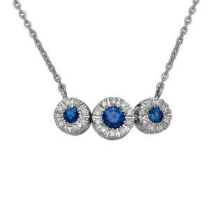New 14k white gold halo pendant set with 0.30 carats of round brilliant blue sapphires plus 0.11 carats of round brilliant earth-mined diamonds on a 17" cable chain.