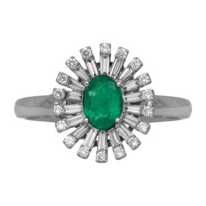 New 14k white gold halo ring set with a 0.93 carat oval emerald plus 0.53 carats of round brilliant and baguette earth-mined diamonds.