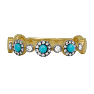 New 14k yellow gold halo ring set with 0.13 carats of round turquoise plus 0.12 carats of round brilliant earth-mined diamonds.