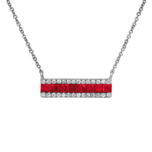 New 14k white gold bar pendant set with 0.72 carats of princess ruby and 0.11 carats of round brilliant earth-mined diamonds on a 16" cable chain.