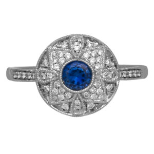 New 14k white gold ring set with a 0.37 carat round brilliant blue sapphire plus 0.19 carats of round brilliant earth-mined diamonds.