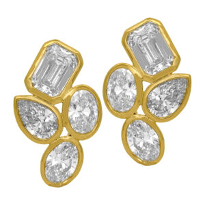 New 14k yellow gold cluster earrings set with 3.70 carats of oval, pear, and emerald cut lab-grown diamonds.