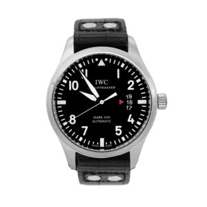 Pre-owned IWC Mark XVII watch, 40mm in stainless steel with a black Arabic dial, black leather strap, tang buckle, and automatic movement, with card.