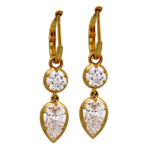 New 14k yellow gold earrings set with 2.02 carats of lab-grown pear diamonds plus 1.00 carats of lab-grown round brilliant diamonds.