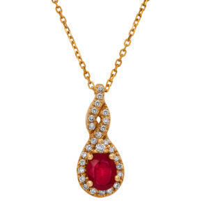 New 14k yellow gold halo pendant set with a 0.50 carat oval ruby plus 0.12 carats of round brilliant earth-mined diamonds on a 16" cable chain.