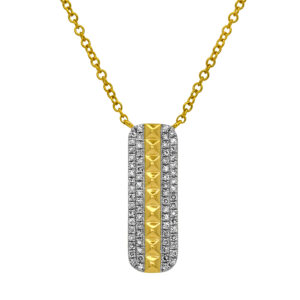 New 14k yellow gold bar pendant set with 0.15 carats of round brilliant earth-mined diamonds on a 17" cable chain.