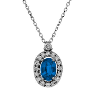New 14k white gold pendant set with a 0.66 carat oval blue sapphire plus 0.16 carats of round brilliant earth-mined diamonds on a 16" cable chain.