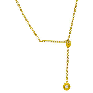 New 14k yellow gold lariat necklace set with 0.12 carats of round brilliant earth-mined diamonds on a 16" chain.