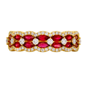 New 14k yellow gold halo ring set with 1.47 carats of marquise rubies plus 0.41 carats of round brilliant earth-mined diamonds.