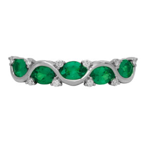 New 14k white gold band set with 1.09 carats of oval tsavorite garnets plus 0.09 carats of round brilliant earth-mined diamonds.
