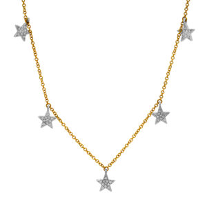 New 14k yellow and white gold star station necklace set with 0.16 carats of round brilliant earth-mined diamonds on a 17" chain.