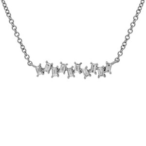 New 14k white gold bar pendant set with 0.21 carats of baguette cut earth-mined diamonds on a 17" cable chain.