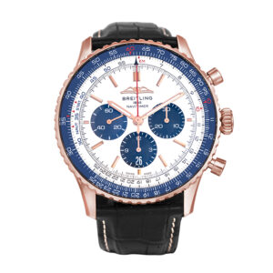 Pre-owned Breitling Navitimer B01 Chronograph watch, 46mm in 18k rose gold with a silver dial, black leather strap, foldover buckle, and automatic movement, with box & card.