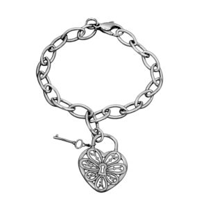 Vintage sterling silver Tiffany & Co. Filigree Heart Lock & Key oval link charm bracelet.