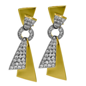 Vintage 14k yellow gold geometric earrings set with 1.48 carats of round brilliant earth-mined diamonds.