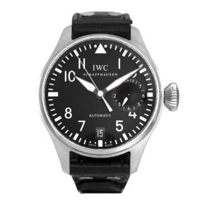 Pre-owned IWC Big Pilot watch, 46mm in stainless steel with a black Arabic dial, black leather strap, foldover buckle, automatic movement, and a 7-day power reserve.