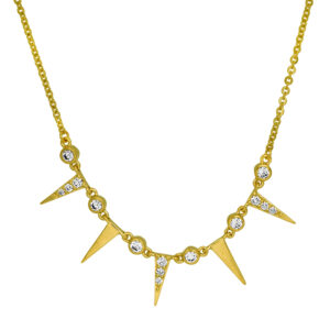 New 14k yellow gold spike necklace set with 0.30 carats of round brilliant earth-mined diamonds on an 18" chain.