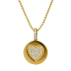 New 14k yellow gold heart disc pendant set with 0.20 carats of round brilliant earth-mined diamonds on an 18" cable chain.