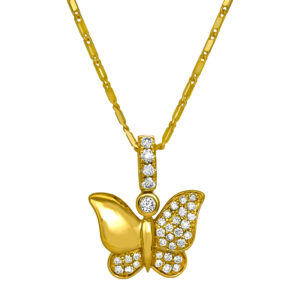 New 14k yellow gold butterfly pendant set with 0.26 carats of round brilliant earth-mined diamonds on an 18" link chain.