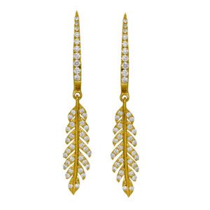 New 14k yellow gold feather earrings set with 0.35 carats of round brilliant earth-mined diamonds.