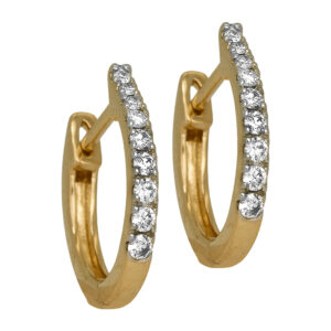 New 14k yellow gold huggie hoop earrings set with 0.36 carats of round brilliant earth-mined diamonds.