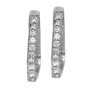 New 14k white gold huggie hoop earrings set with 0.12 carats of round brilliant earth-mined diamonds.