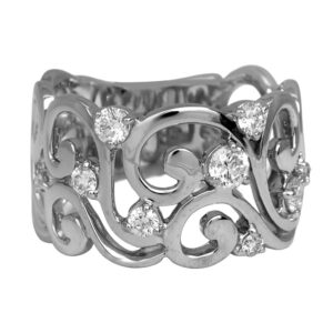 Vintage 14k white gold wide band ring set with 0.47 carats of round brilliant earth-mined diamonds.