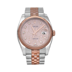 Pre-owned Rolex Datejust watch, 36mm in rose gold & stainless steel with a pink Jubilee diamond dial, 18k rose gold fluted bezel, sapphire crystal, Jubilee bracelet, folding clasp, and automatic movement.