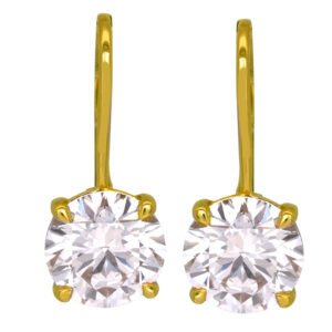 New 14k yellow gold hidden halo earrings set with 3.14 carats of lab-grown round brilliant diamonds.