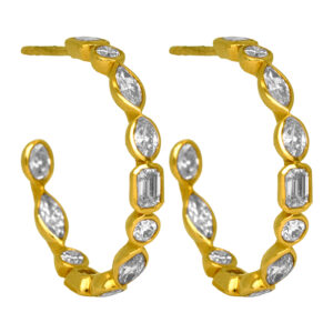 New 14k yellow gold inside out hoop earrings set with 2.96 carats of lab-grown emerald cut, oval, marquise, and round brilliant diamonds.