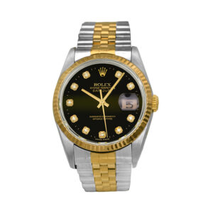 Pre-owned Rolex Datejust watch, 36mm in 18k yellow gold and stainless steel with a black diamond dial, 18k yellow gold fluted bezel, sapphire crystal, Jubilee bracelet, and automatic movement.
