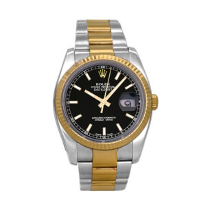 Pre-owned Rolex Datejust watch, 36mm in 18k yellow gold and stainless steel with a black dial, 18k yellow gold fluted bezel, sapphire crystal, Oyster bracelet, and automatic movement.