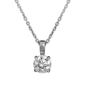 New 14k white gold solitaire pendant set with a 0.53 carat lab-grown round brilliant diamond on an 18" cable chain.