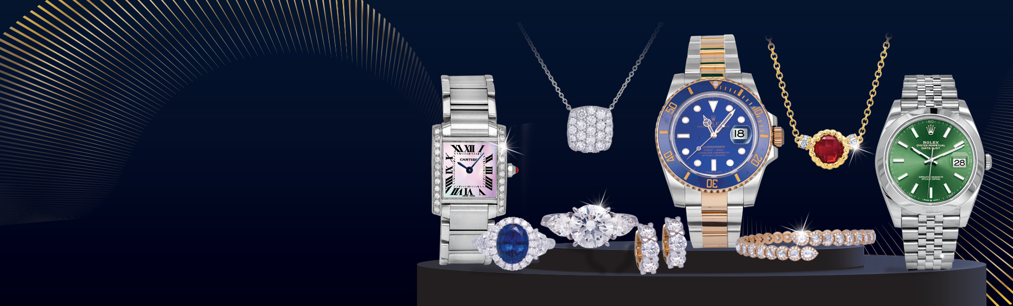 a collection of diamond jewelry, colored gemstone jewelry, and luxury watches.