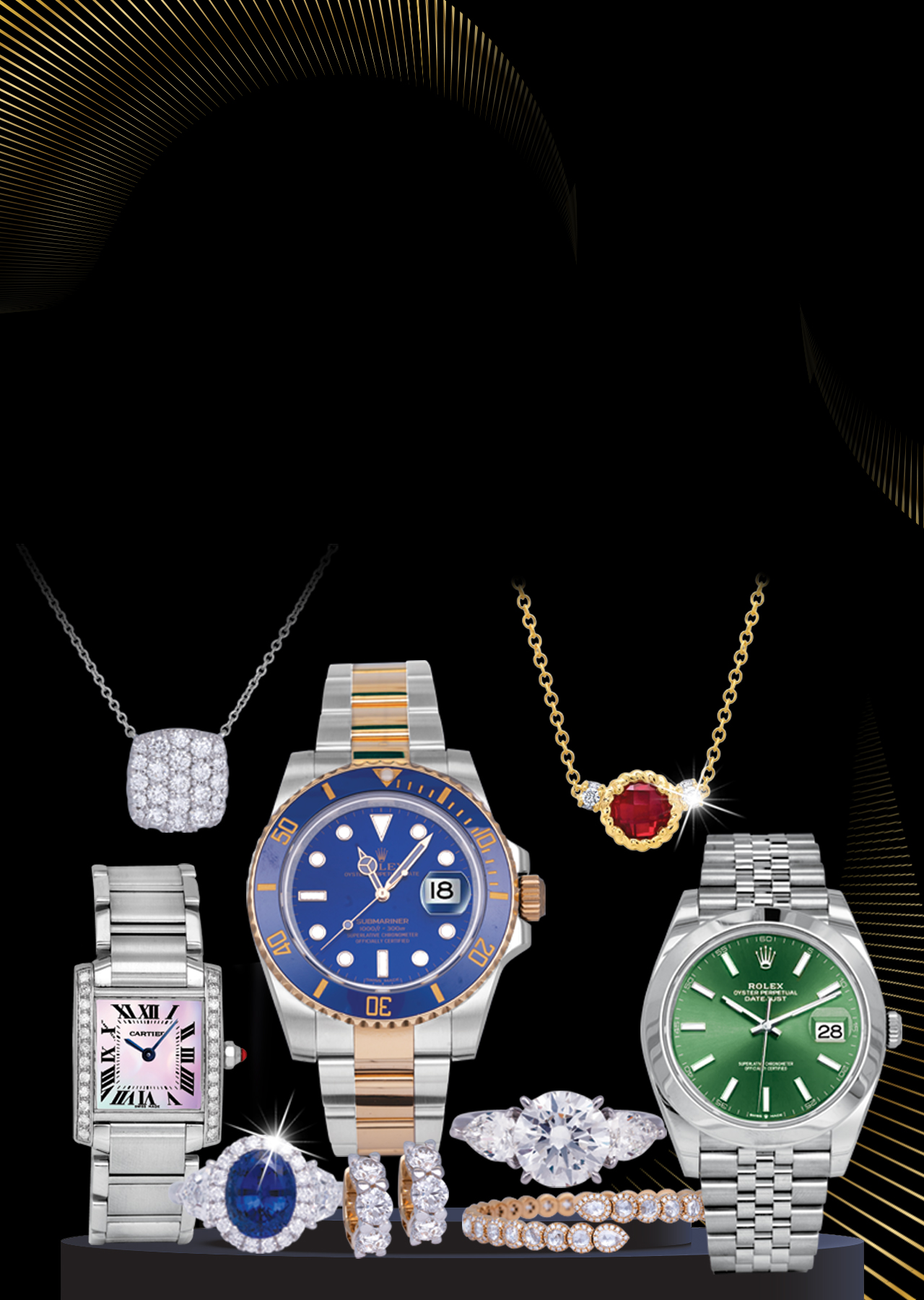 a collection of diamond jewelry, colored gemstone jewelry, and luxury watches.