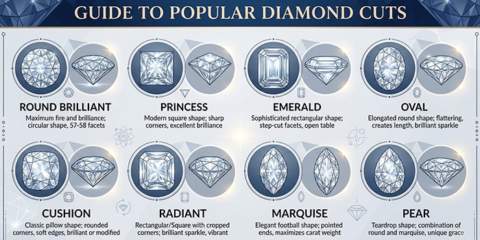 a chart illustrating popular diamond cuts: round brilliant, princess, emerald, oval, cushion, radiant, marquise, pears