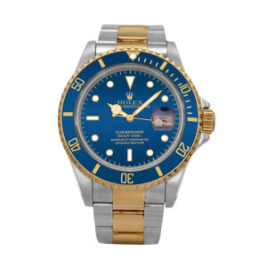 Pre-owned Rolex Submariner watch, 40mm in 18k yellow gold and stainless steel with a blue dial, blue bezel, Oyster bracelet, fliplock folding clasp, and automatic movement, with papers.