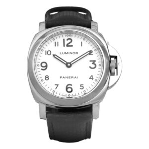 Pre-owned Panerai Luminor watch, 48mm in stainless steel with a white dial, smooth bezel, sapphire crystal, black leather strap, folding clasp, and automatic movement, with box & card.