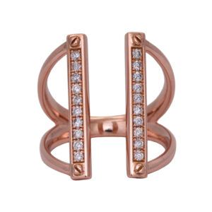 Vintage 14k rose gold bar open ring set with 0.30 carats of round brilliant earth-mined diamonds.