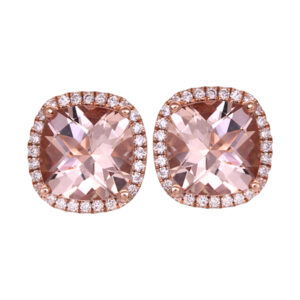 Vintage 14k rose gold halo earrings set with 2.60 carats of cushion morganites plus 0.16 carats of round brilliant earth-mined diamonds.