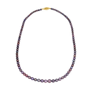 Vintage pearl necklace set with black pearls on a 16" strand with a 14k yellow gold clasp.