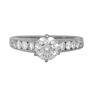 Vintage 14k white gold engagement ring set with a 1.11 carat round brilliant earth-mined diamond plus 1.00 carat of round brilliant earth-mined diamonds.