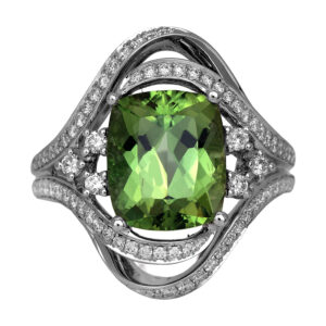 New 18k white gold halo ring set with a 4.13 carat cushion chrome tourmaline plus 0.55 carats of round brilliant earth-mined diamonds.