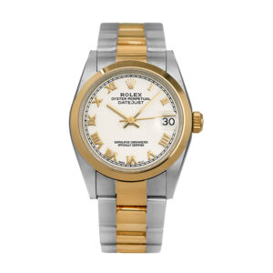 Pre-owned Rolex Datejust watch, 31mm in 18k yellow gold and stainless steel with a white Roman dial, 18k yellow gold smooth bezel, Oyster bracelet, folding clasp, and automatic movement.