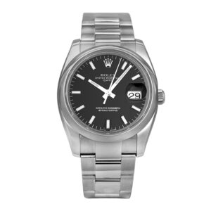 Pre-owned Rolex Date watch, 34mm in stainless steel with a black dial, smooth bezel, Oyster bracelet, folding clasp, and automatic movement, with card.