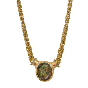 Vintage 18k yellow gold Byzantine necklace featuring an ancient Roman bronze medallion set with 0.60 carats of round brilliant earth-mined diamonds plus 0.18 carats of round brilliant rubies.