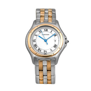 Pre-owned Cartier Panthère Cougar watch, 32mm in 18k yellow gold and stainless steel with a white Roman dial, two-tone bracelet, folding clasp, and quartz movement.